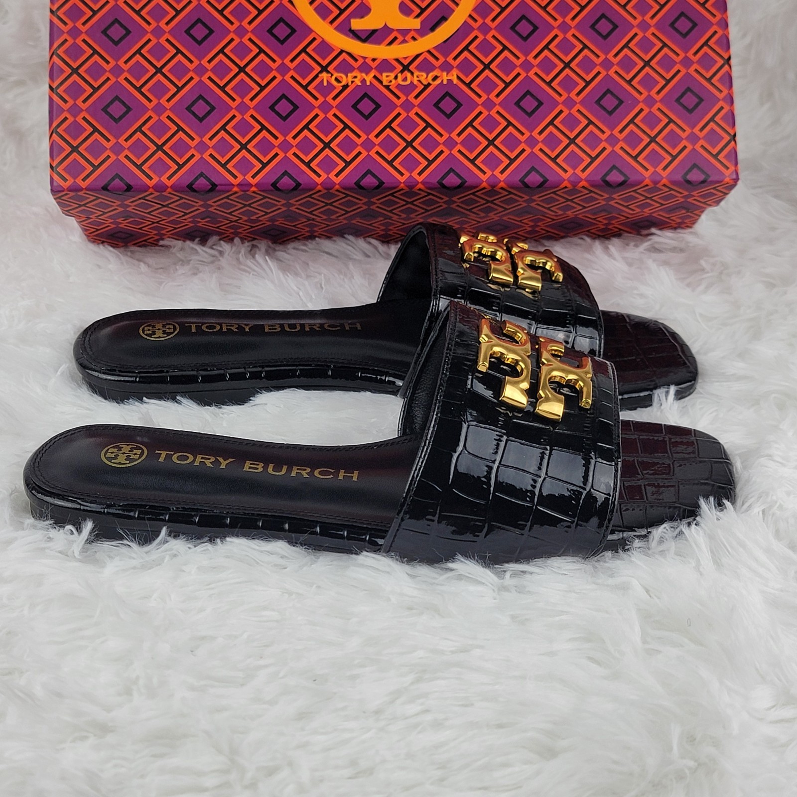 Tory Burch Eleanor Size 8 39 Sandals Black Leather Croc Gold Logo Slides New Box