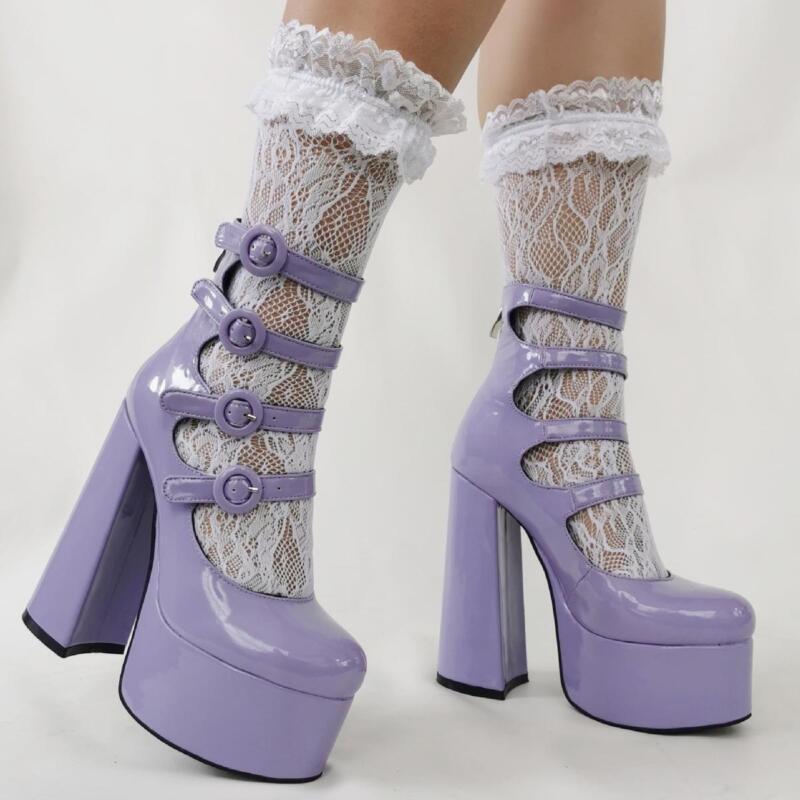 Womens Round Toe Mary Jane Buckle Platform Super High Block Heel Pumps Shoes Hot