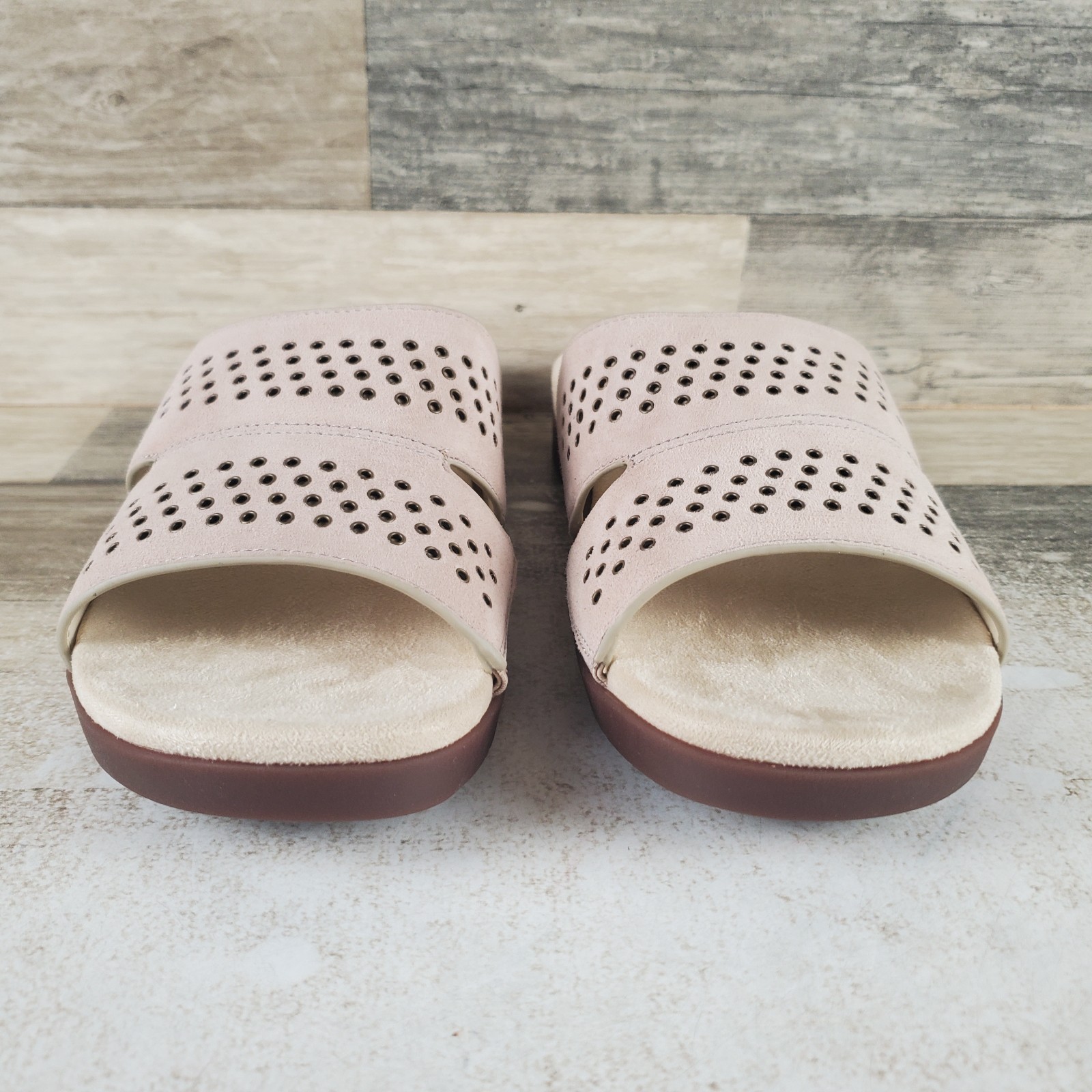 Spenco Twilight Ellie Womens Slide Sandal Sz 9.5 Taupe Leather Slip On Studded
