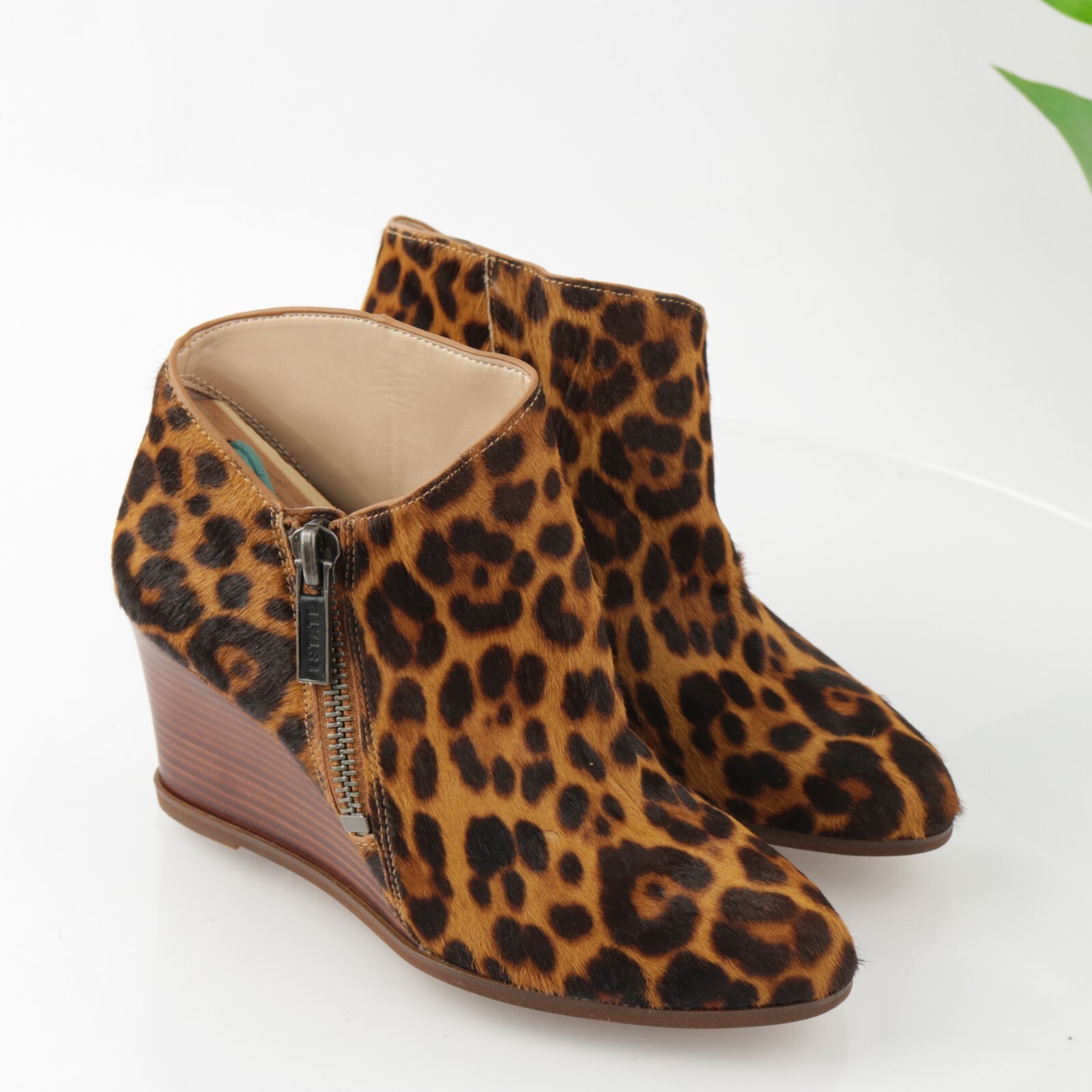 1.STATE Womens Kaleb Boot Size 7 Brown Pony Calf Hair Leopard Wedge Zip Bootie