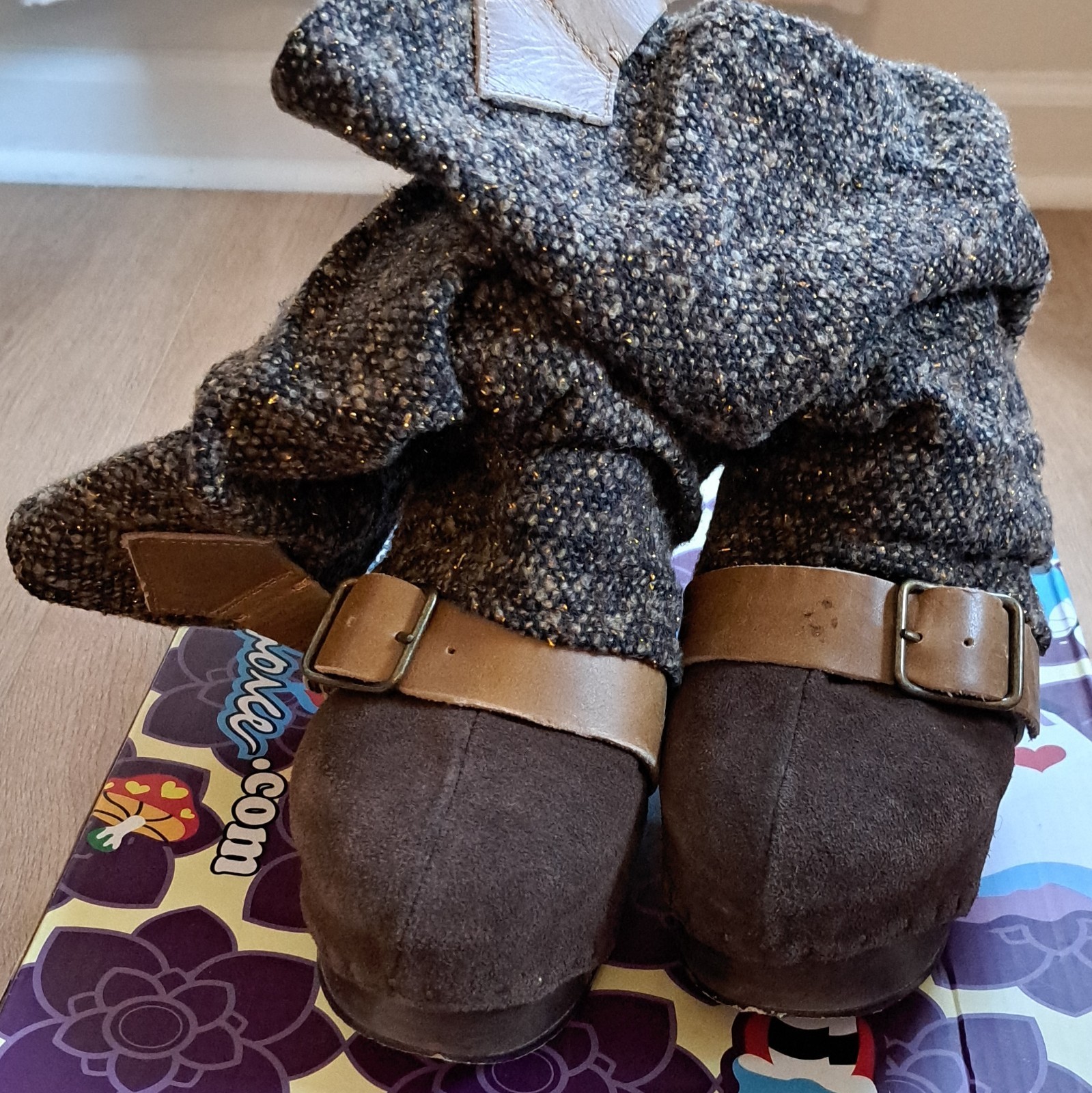 Irregular Choice Longer Lashes Brown Tweed Buckle Mid-Calf Boots US 7 EU40