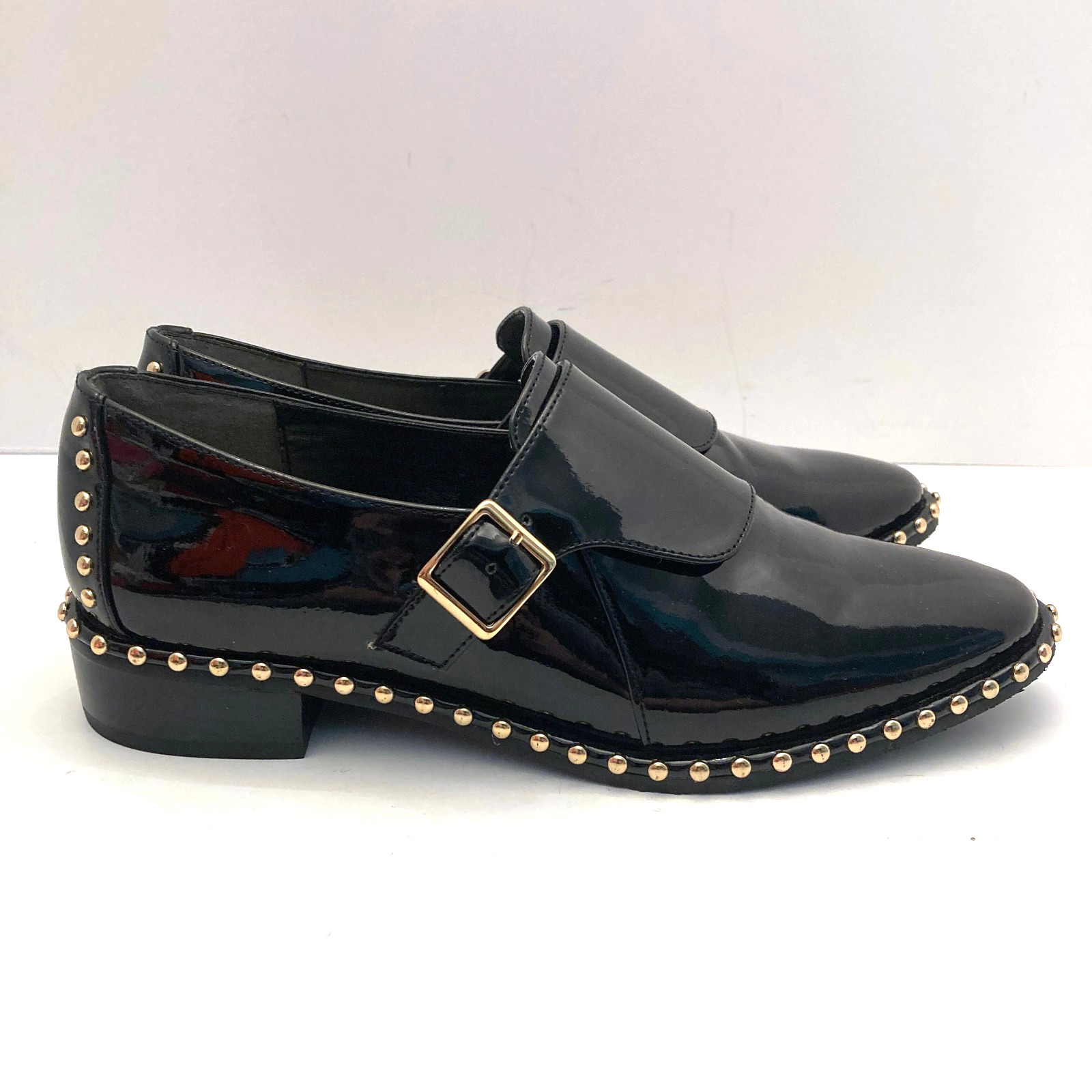 Adrianna Papell Womens 7M Pierce Monk Strap Loafer Black Patent Leather Studs