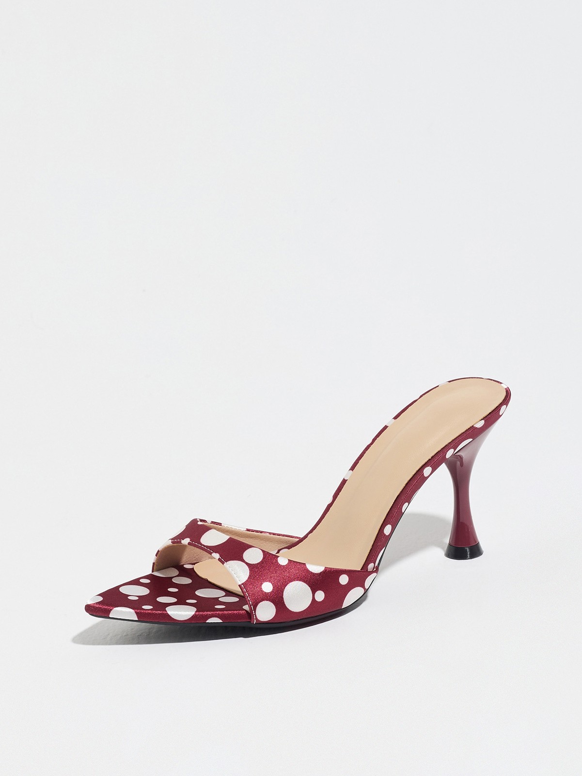 Women Sexy Leather Mid Heels Pointy Open Toe Polka Dot Sandals Shoes Slipper New