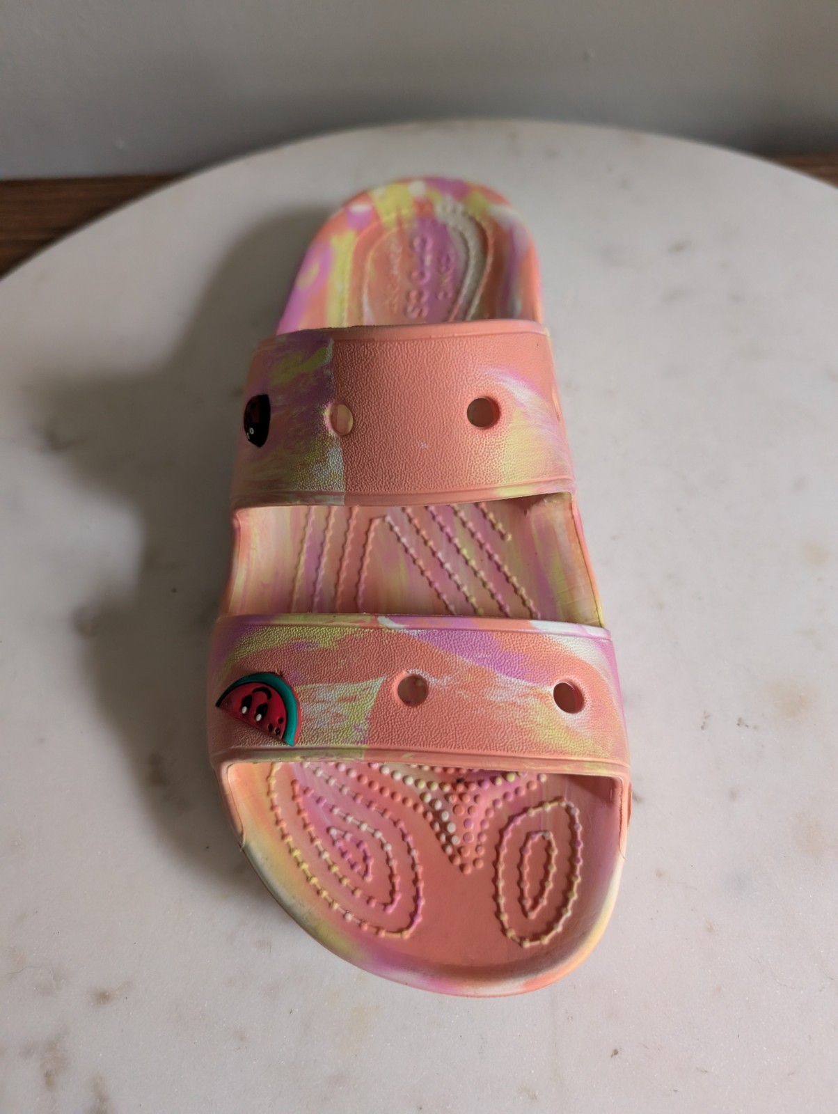 Crocs Iconic Comfort Women’s Slide Sandals Pink Yellow Marble Jibbitz Size W7