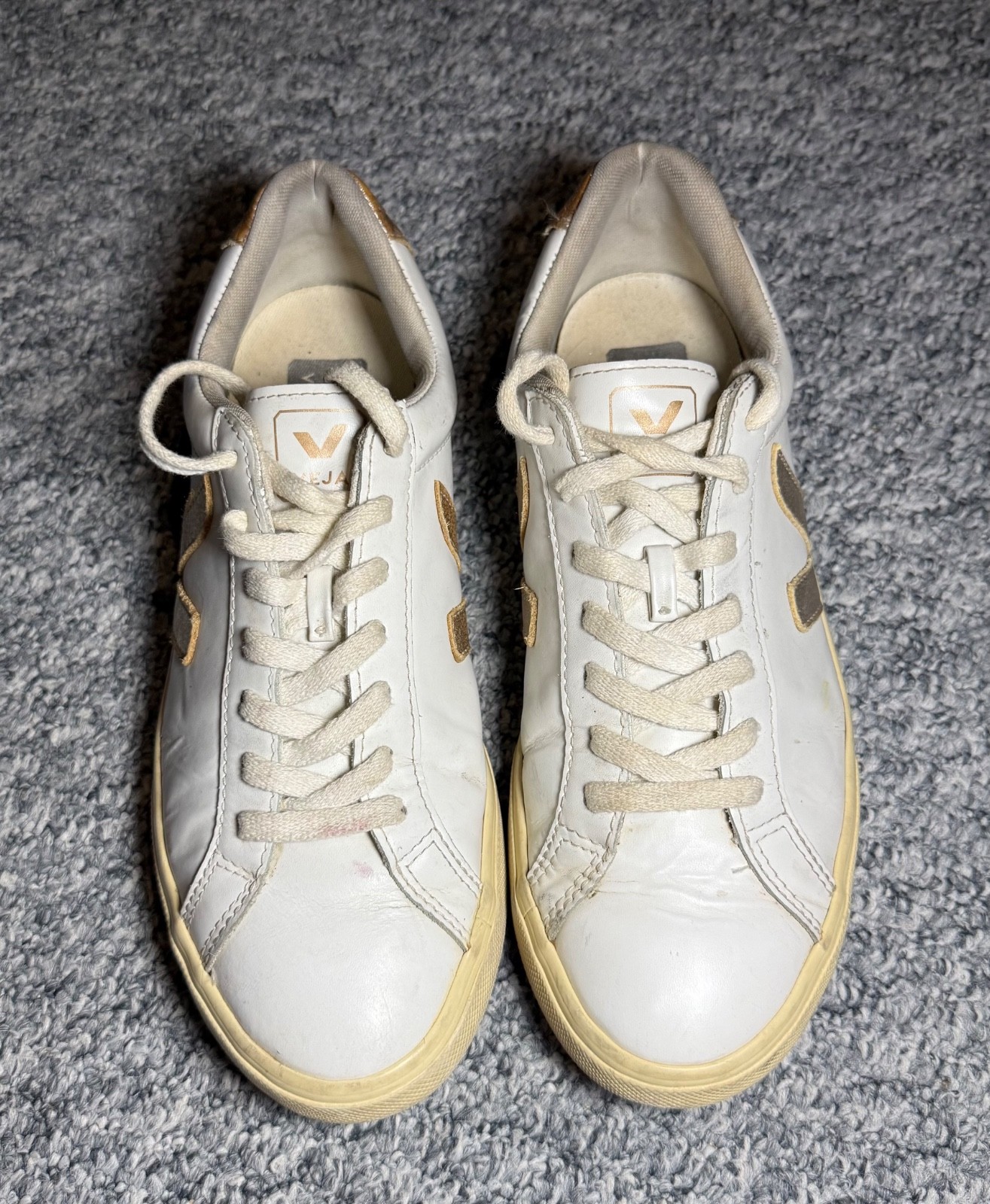 Veja Esplar Leather Womens Sneakers White Gold Metallic Logo Shoes EU 40 US 9