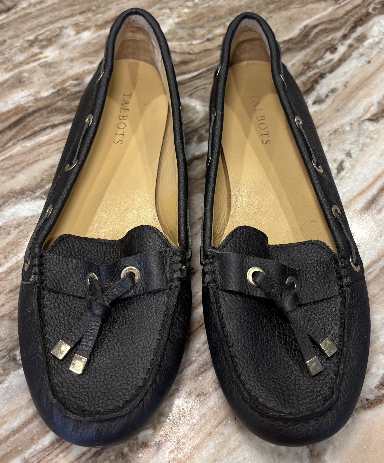 Talbots Becca Tie Driving Moccasins Shoe Pebbled Leather Black Loafer SZ 9.5