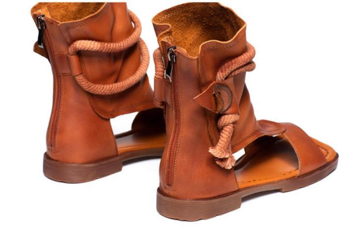 Women’s 100% Real Leather Retro Gladiator Soft Roman Sandals Ankle Boots Shoes
