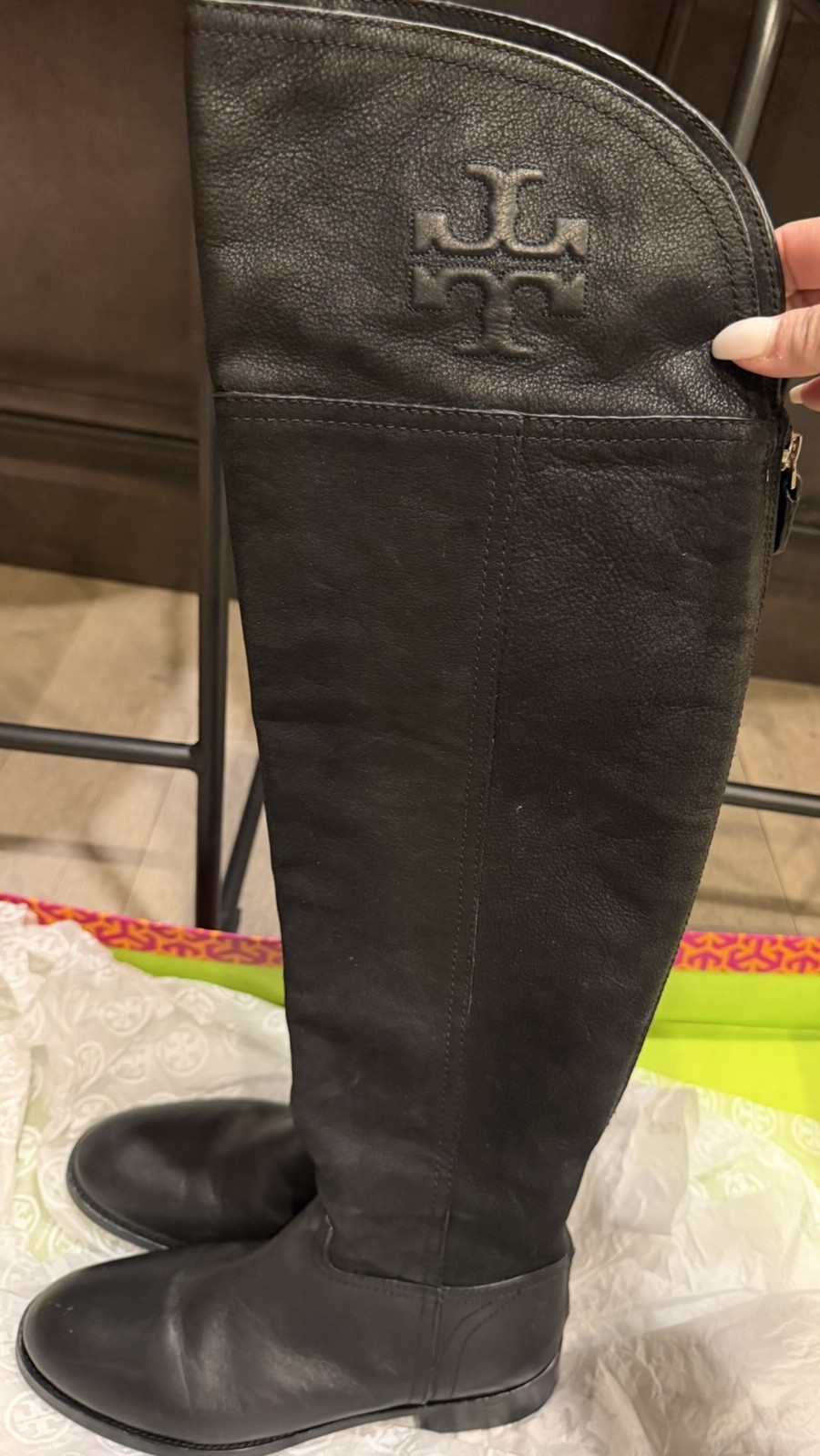 Tory Burch Simone Over The Knee Boot Black Leather Logo Zipper Riding Boot US 8
