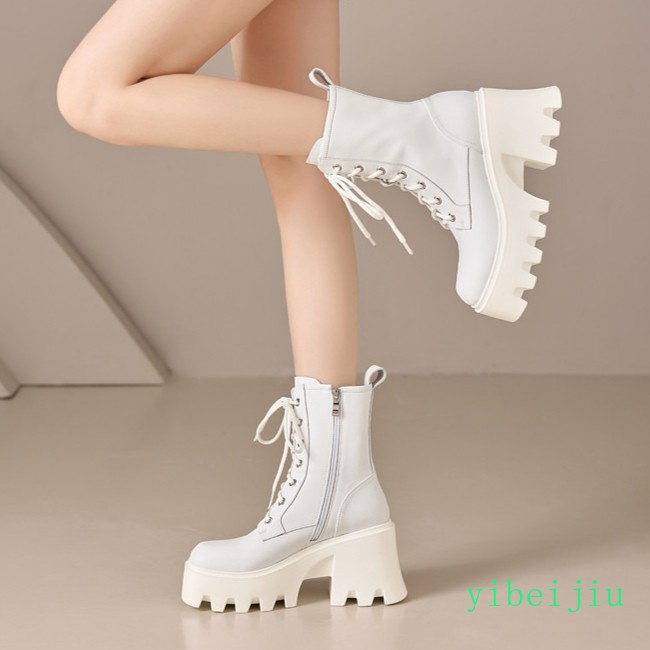 Womens Ankle Boots Thick Sole Platform High Block Heel Cow Leather Lace Up Shoes
