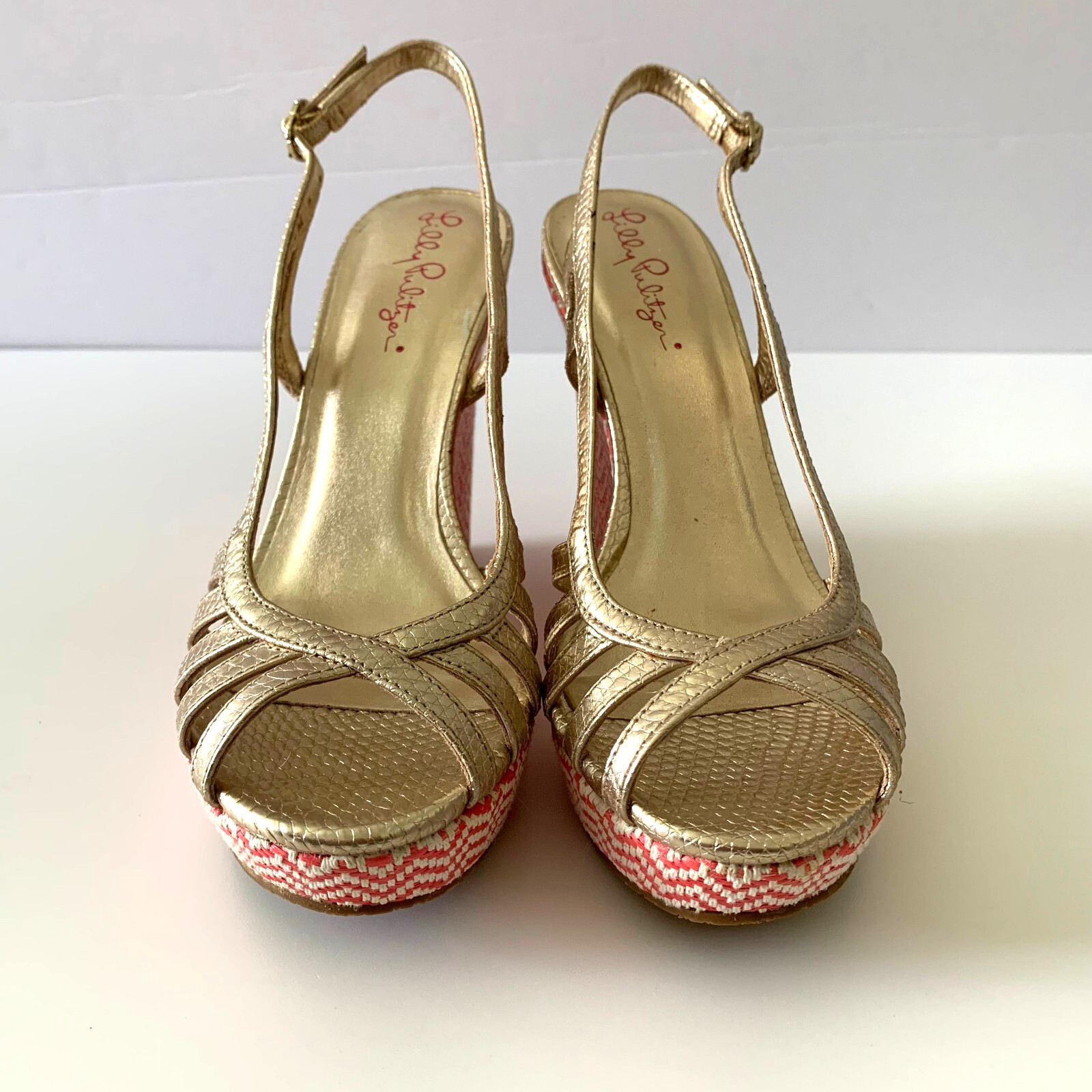 New Lilly Pulitzer Sophie Gold Leather Raffia Wedge Platform Sandals 6 Chevron