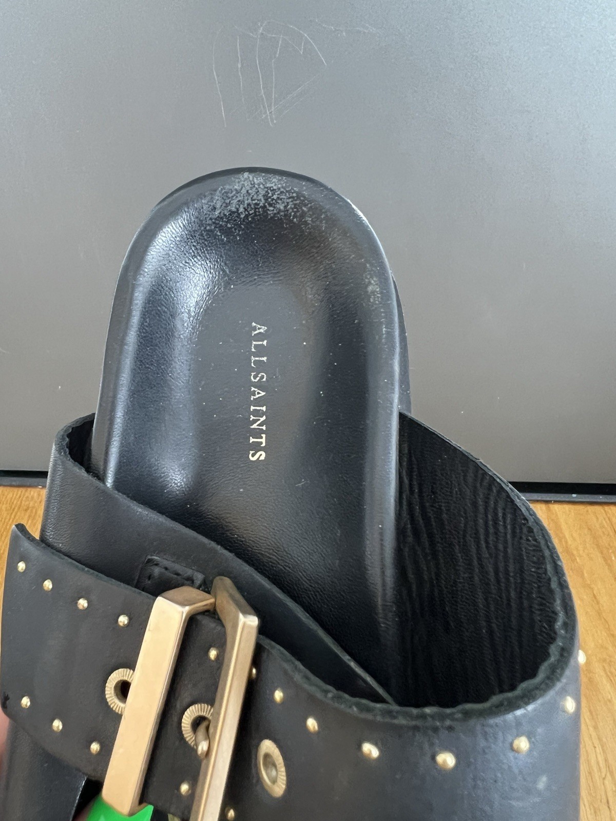 Allsaints Magda studded leather sandals black gold women size EU 40 USA 10