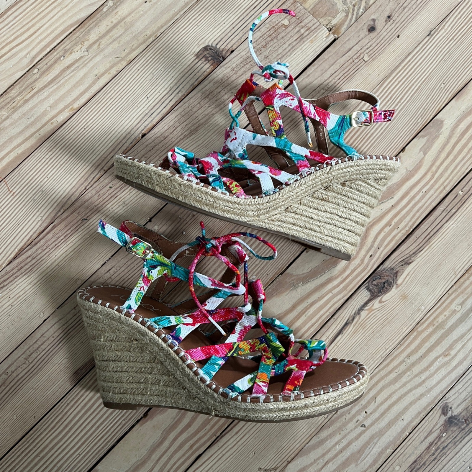 Sugar Womens Floral Espadrille Wedge Sandals Multi Color Strappy LaceUp Size 7.5