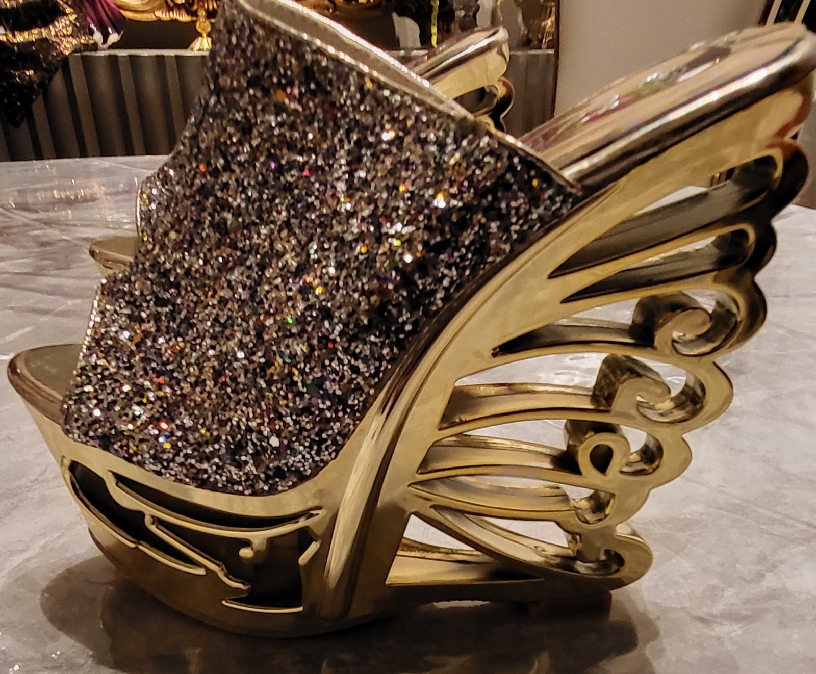 Ultra High Open Toe Gold sequin Platform Wedge Sculptural Heel Club Party Size 5