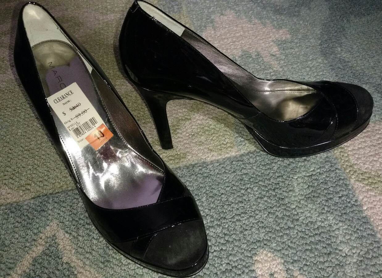 MARC FISHER-BELLA-SZ 10M-BLACK PATENT LEATHER/SUEDE-4.25″ HEELS/SHOES-EXCELLENT!