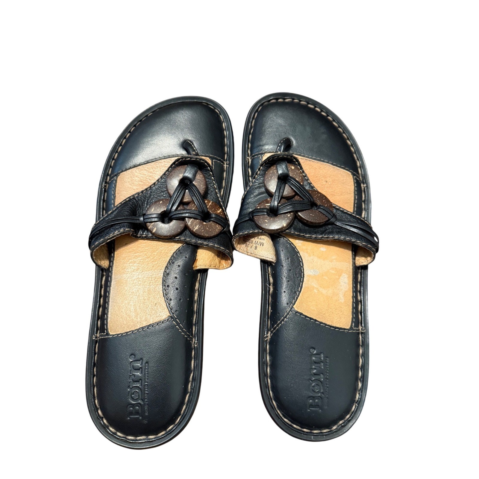 Born Womens Black Leather Thong Sandals Wood Ring Detail Boho Flat Slides Size 8