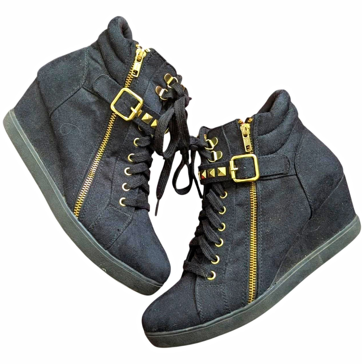 Early 2000s Isabel Marant black wedge sneaker heels with gold accents and studs