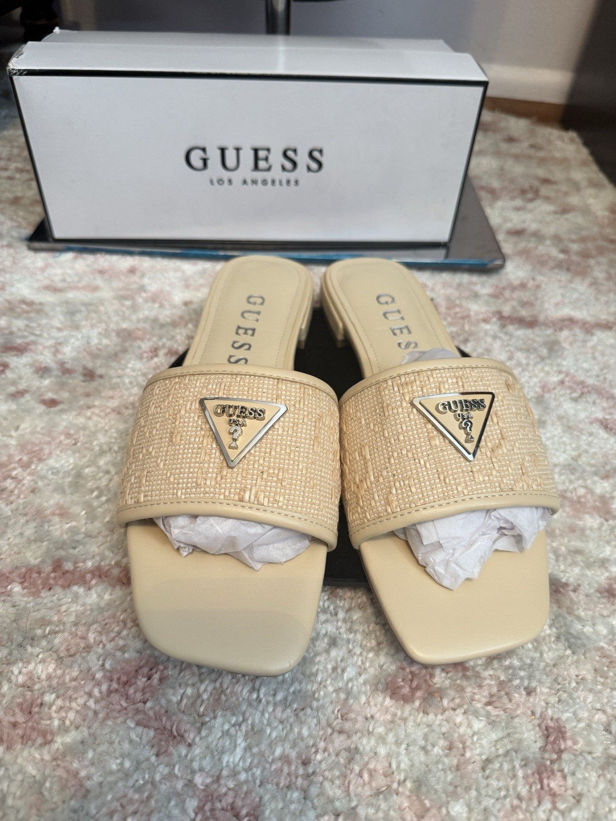 GUESS Beige Logo Slide Sandals Slip-On Slip Resistant Textile Upper 9.5 Women