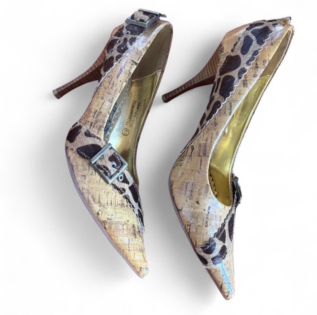 Naughty Monkey Cork Board Print Stiletto Heels Giraffe Print Buckle Size 6.5