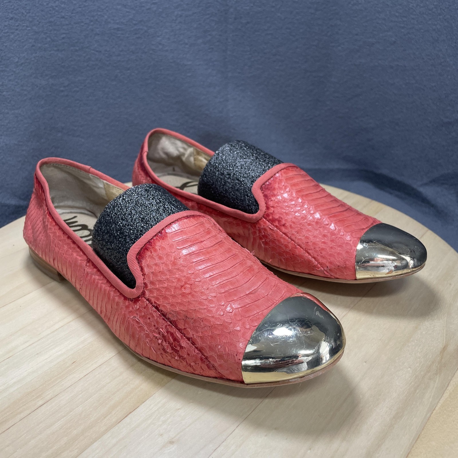 Sam Edelman Shoes Womens Size 8 Snake Embossed Metallic Cap Toe Loafers Flats