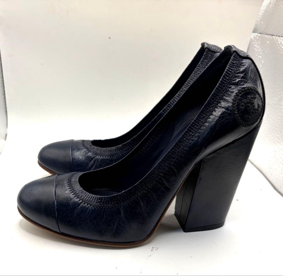 CHANEL Leather Pumps Navy 22.5cm G26185 Classic Coco Mark Design