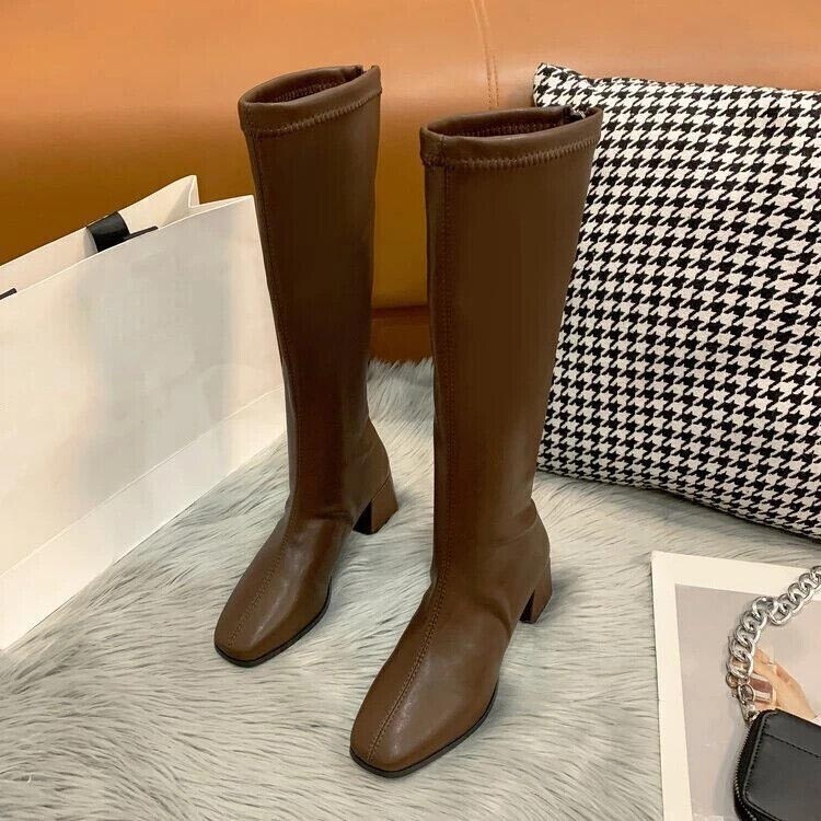 Soft Leather Shoes Women’s Block High Heels Long Boots Warm Knee High Zip Boots