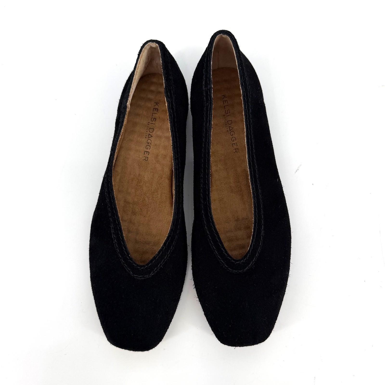NEW Kelsi Dagger Brooklyn Freya Black Suede V-Cut Square Toe Ballet Flats 6.5