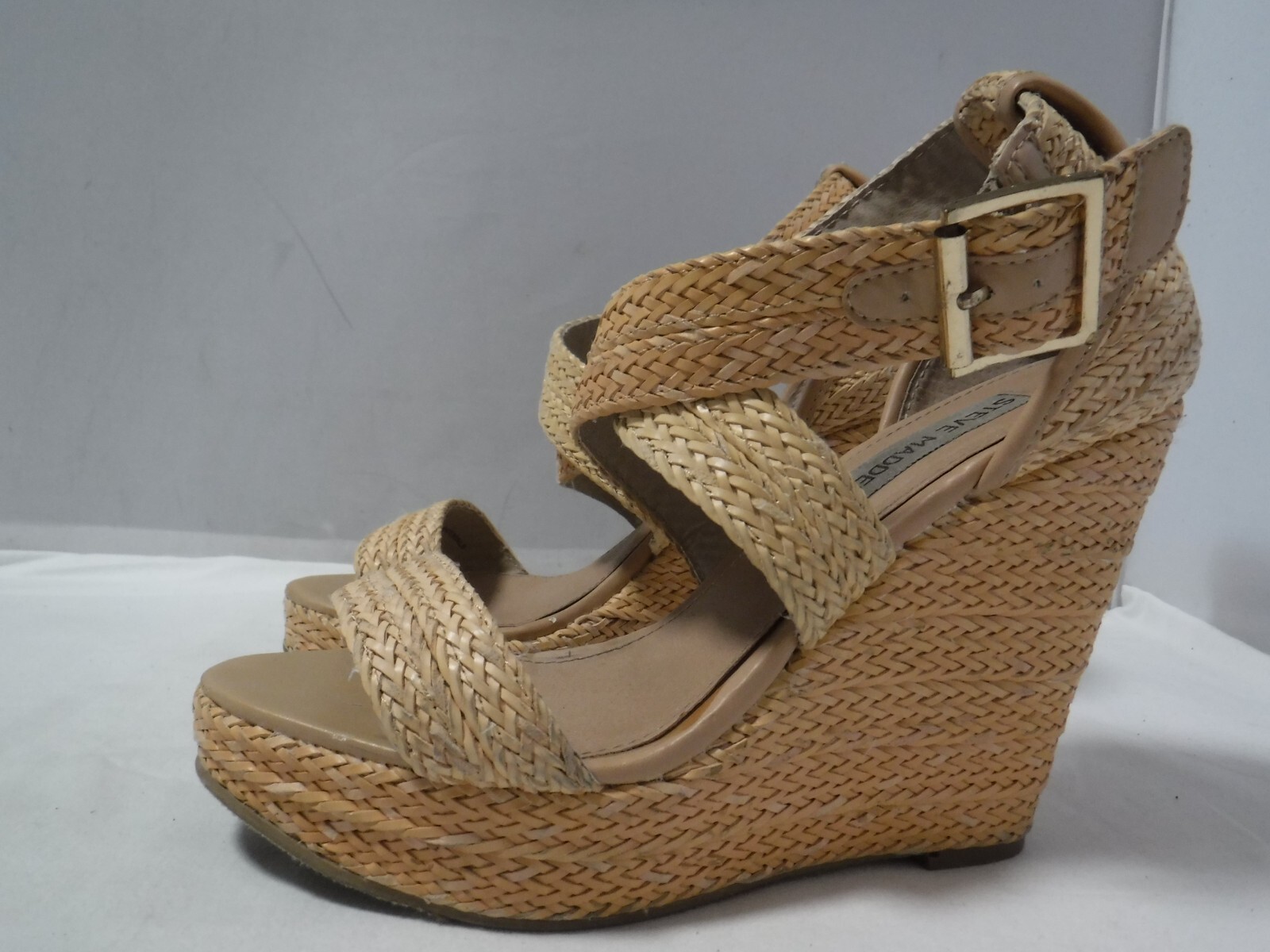 PF2 VTG Women’s STEVE MADDEN Natural Straw Chunky Platform Strappy Heel Sandals