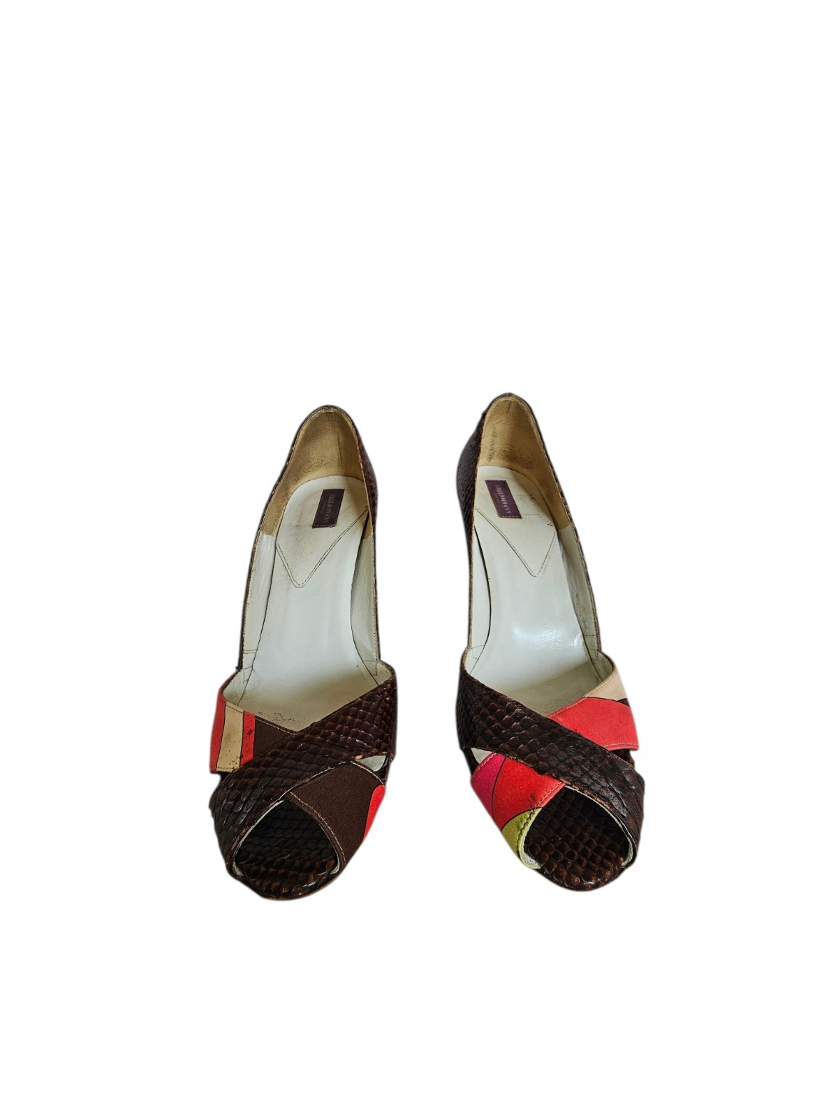 Emilio Pucci Women’s Open Peep Toe Snakeskin Silk Accent Hi Heels Size 38.5