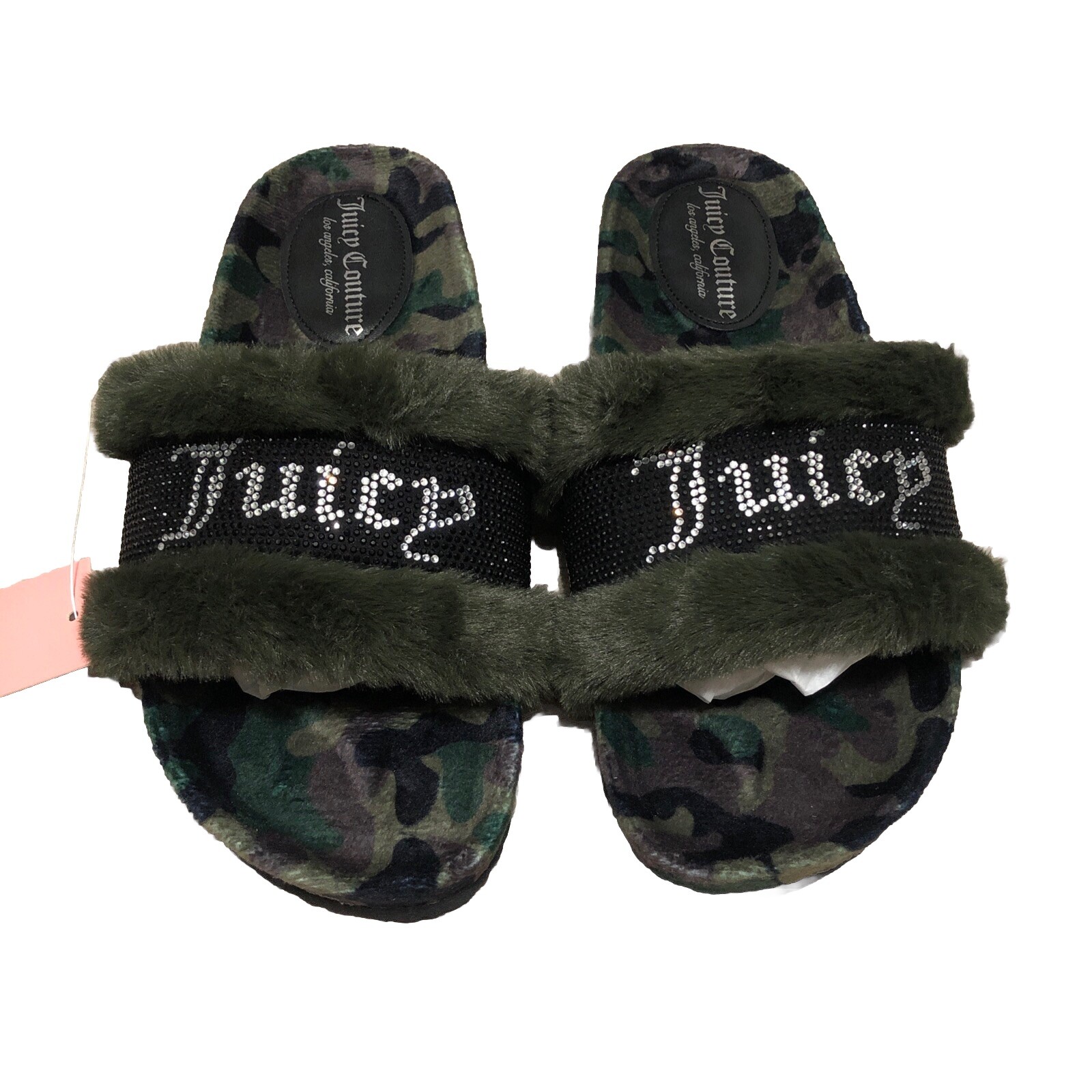 Juicy Couture Slide Slippers Faux Fur Crystals Green Camo Womens Size 10