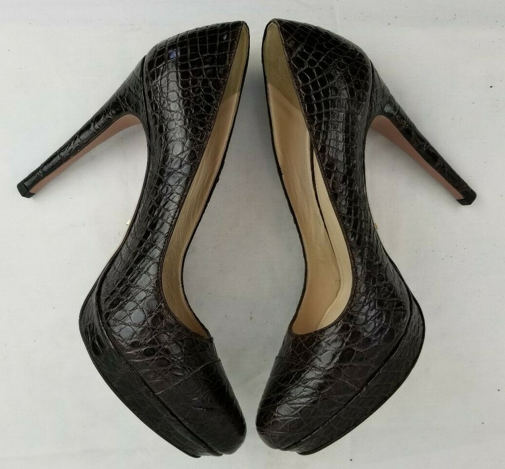 Prada Brown Textured Leather Platform Semi Pointed Toe Slim Heel Pumps size 37.5