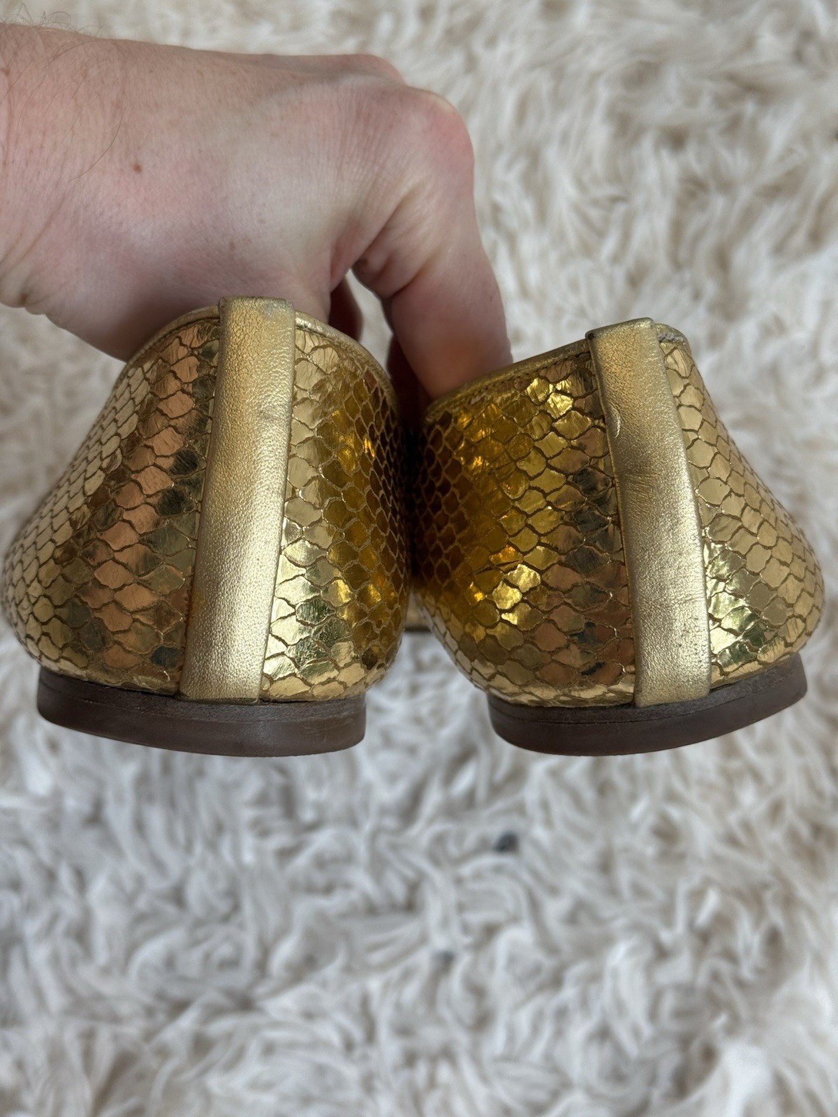 Stuart Weitzman Gold Snakeskin Ballet Flats Cap Toe Bow Leather Size 10 M