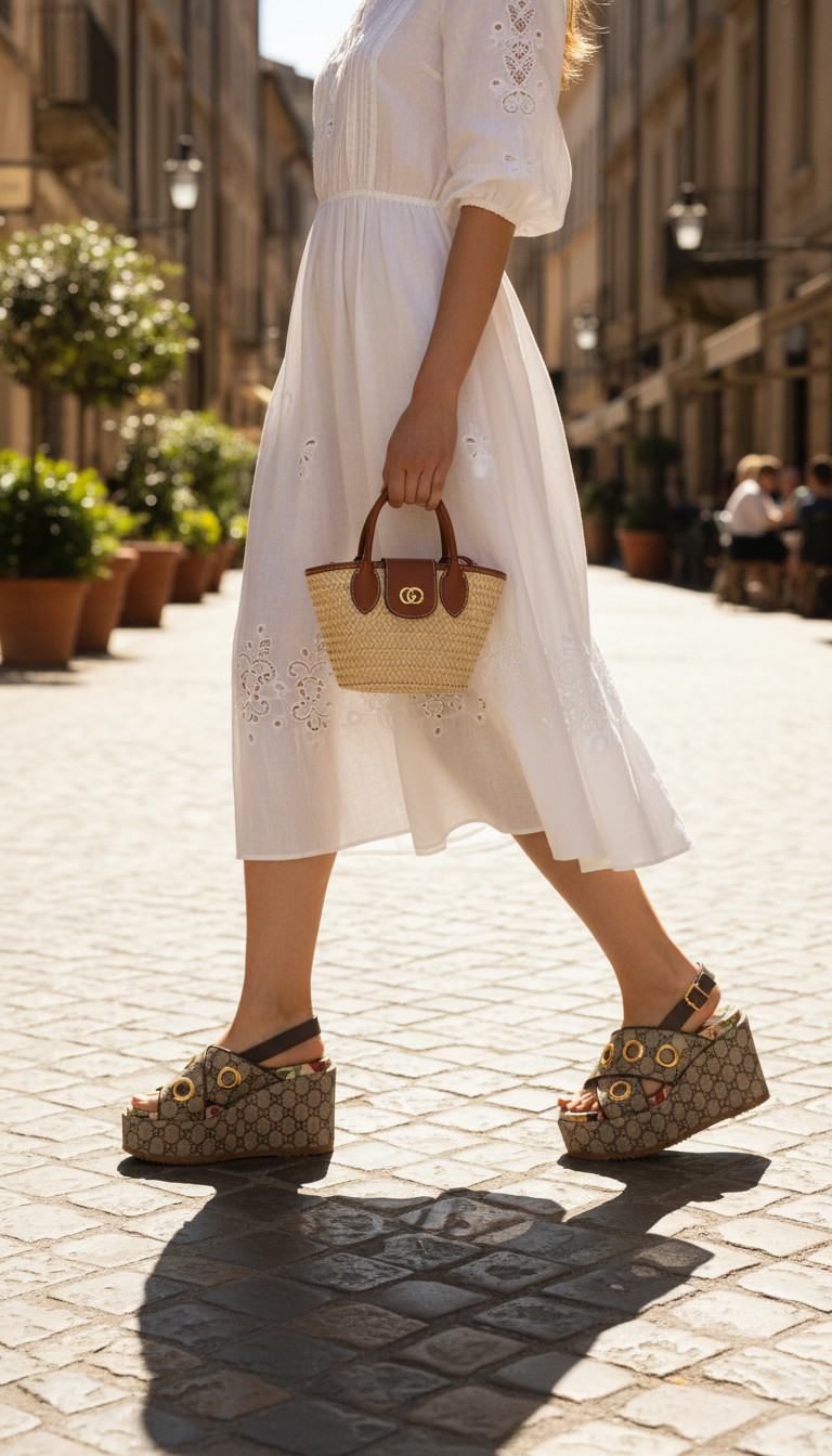 GUCCI Angelina GG Logo Eyelet Platform Wedge Sandal Size 39.5 US 9.5