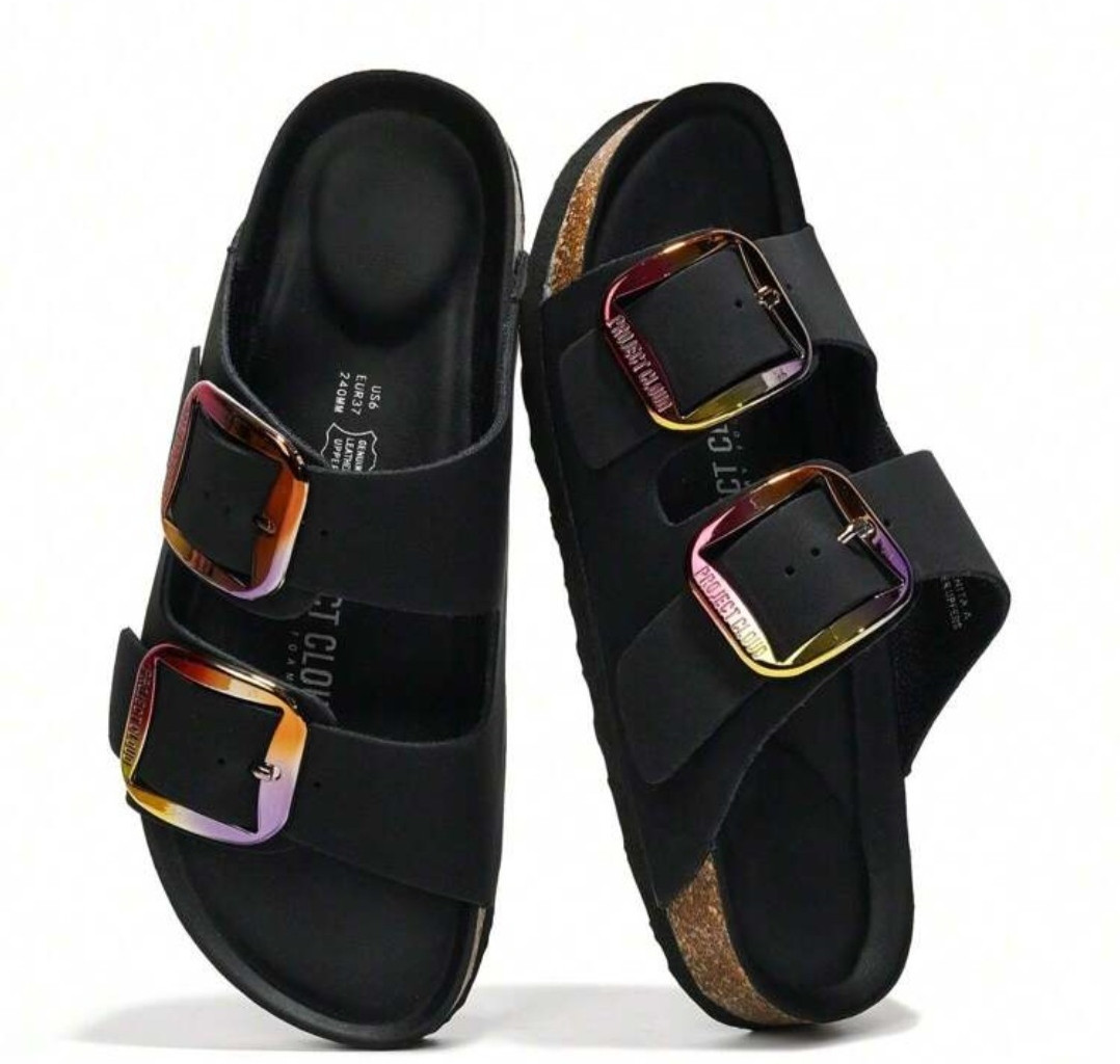 Project Cloud Women’s Black Leather Double Strap Buckle Slide Sandals Flat US 6