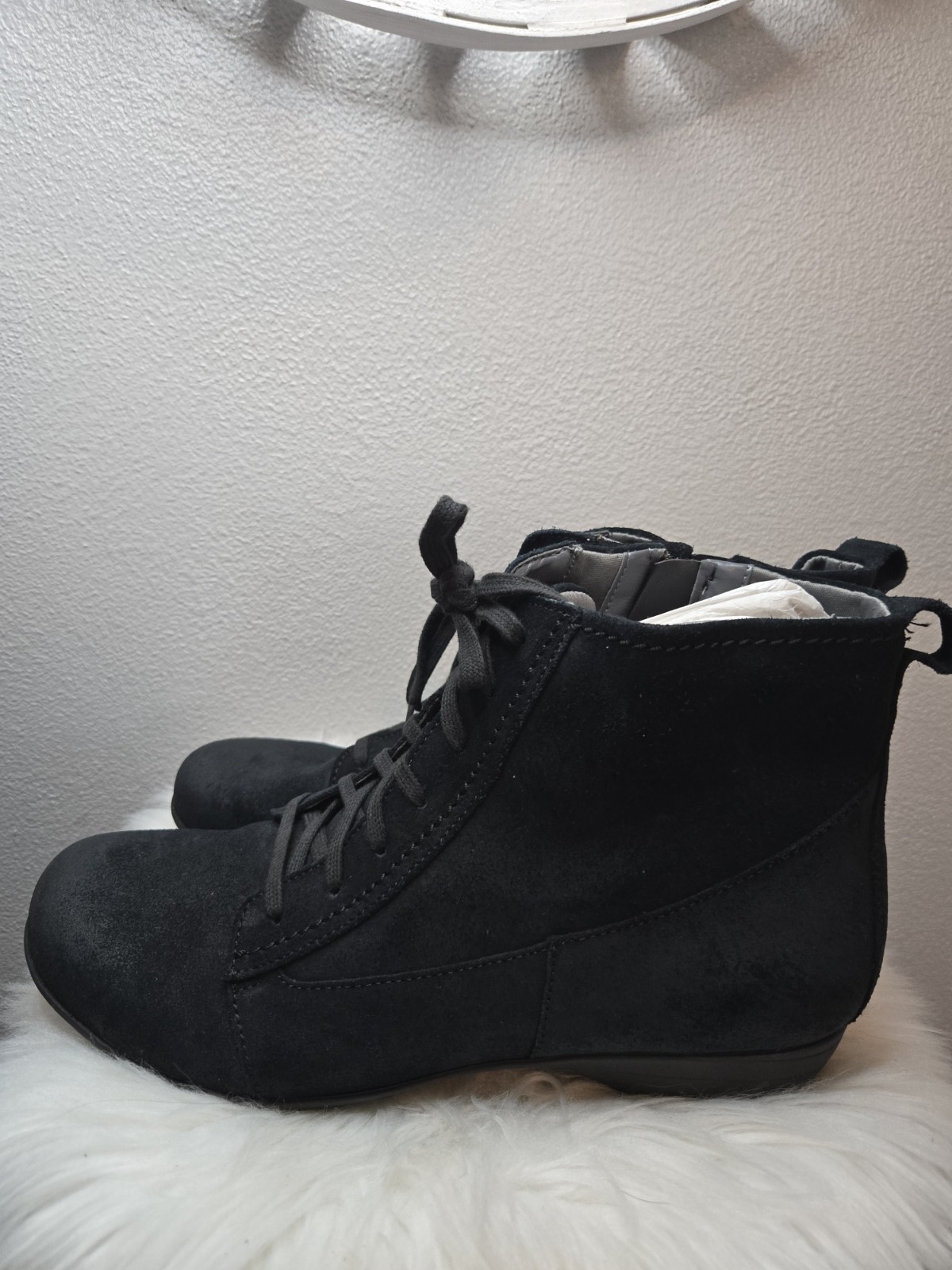 Dansko Women Fergie Black Suede Lace-Up/Zip Bootie – NWOB – Sz 42/11.5 Ret $175