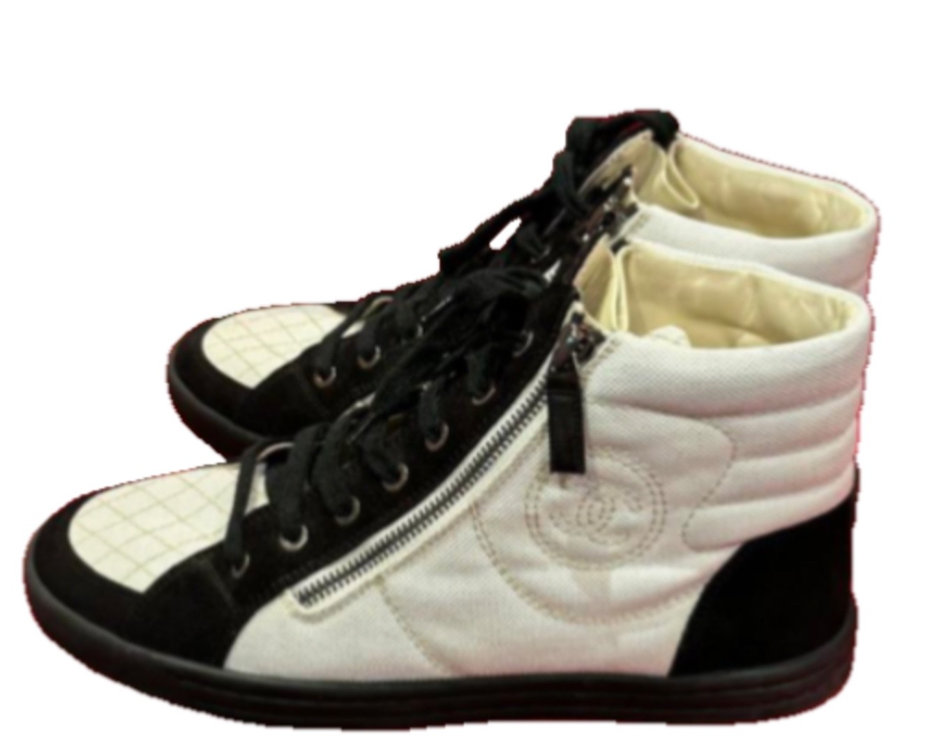 Chanel Beige Canvas Quilted Suede Leather CC Double Zip High Top Sneakers SZ 38