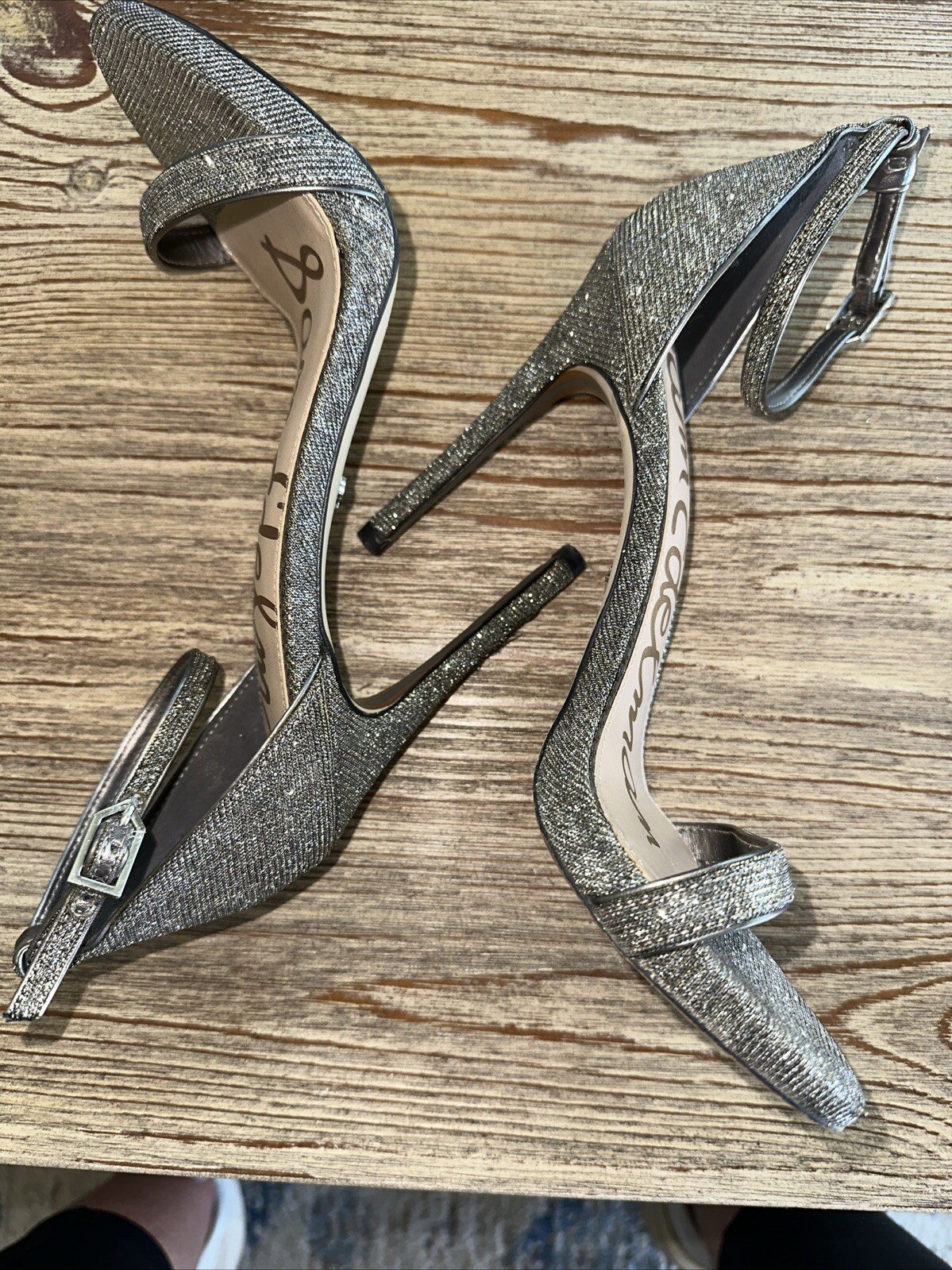 Sam Edelman Ariella Silver Glitter Ankle Strap Heels Size 7