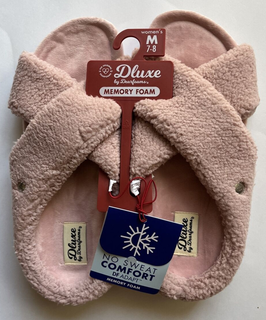Deluxe by Dearfoams Coins Crossband Slippers-Pink-No Sweat Comfort-Women’s 7-8