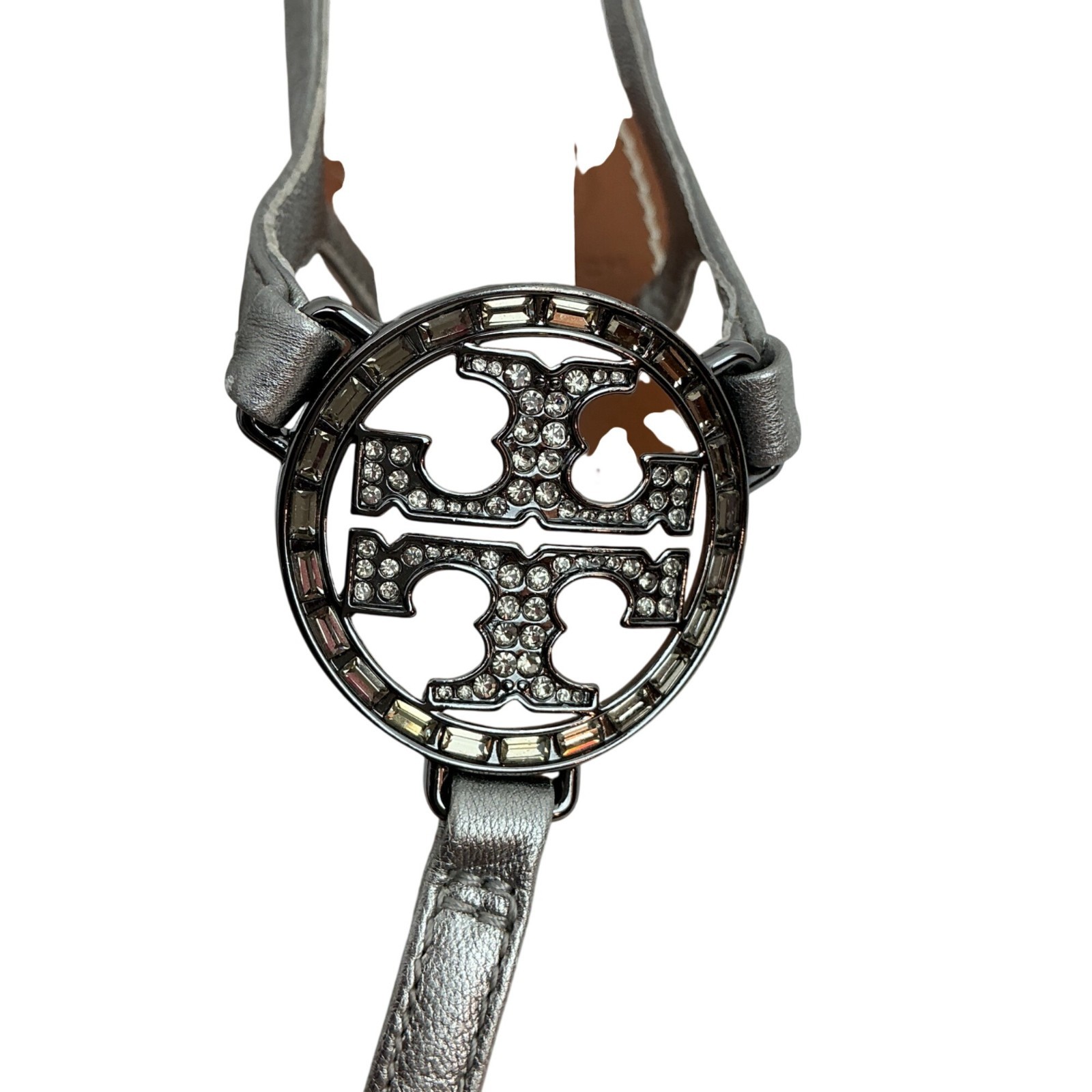 Tory Burch Crystal Metallic Logo Leather Slingback T-Strap Sandals Silver Tan