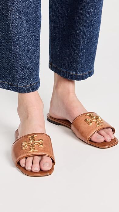 NIB Tory Burch Eleanor Leather Slides Bourbon Brown Tan US 8 8.5 9 AUTHENTC
