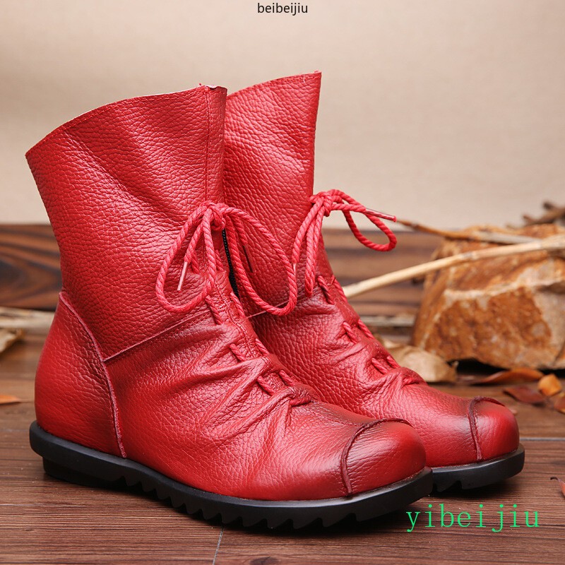 Womens Soft Leather Lace Up Ankle Boots High Top Moccasin Side Zip Comfort Shoes