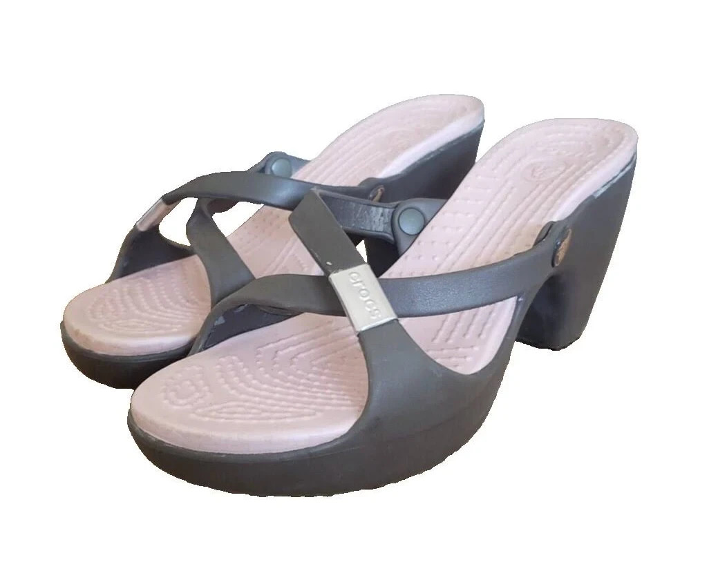 Crocs Cyprus Womens 7 Platform Heel Sandals Brown Pink Ankle Strap Wedge