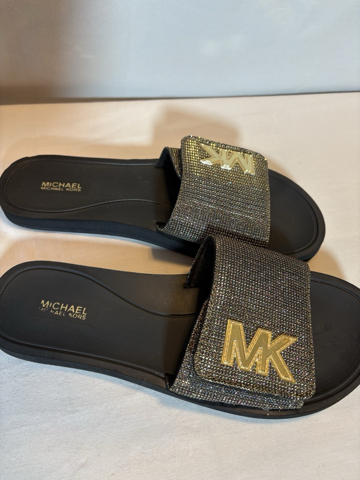 Michael Kors Sparkly Slides MK logo Size Womens 10 Shoe