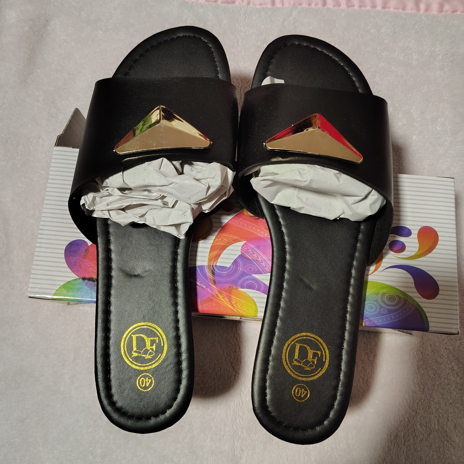 Women’s Black Slip-On Slide Sandals Gold-Tone Metal Triangle Logo EU 40