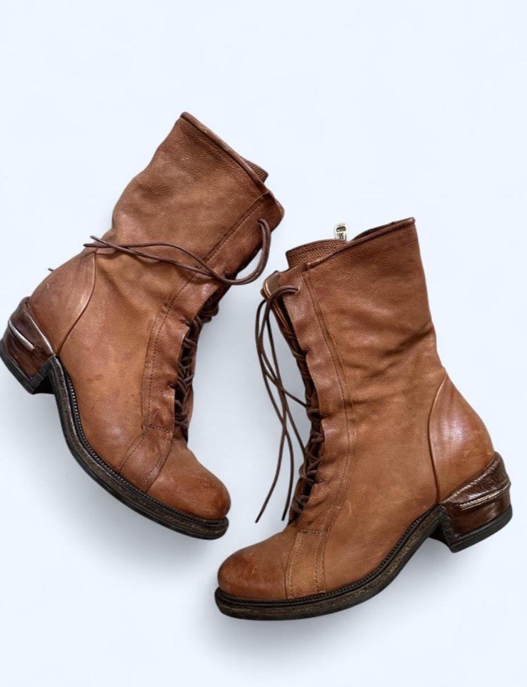 A.S. 98 Women’s Brown Leather Mid-Calf Combat Boots Lace-Up Zipper US 7