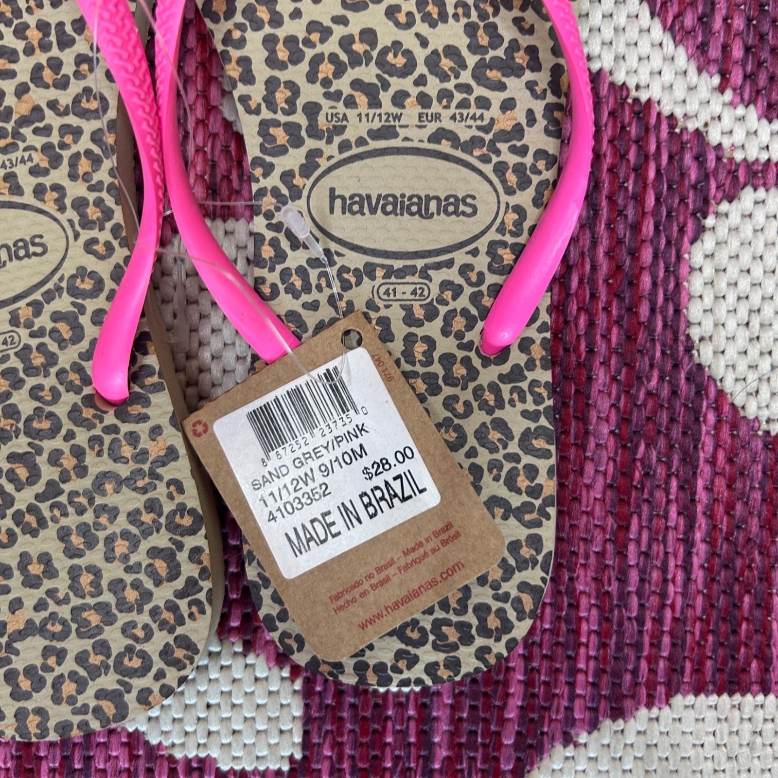 Havaianas Slim Leopard Flip Flops Neon Pink Straps Womens 11/12 41/42 New