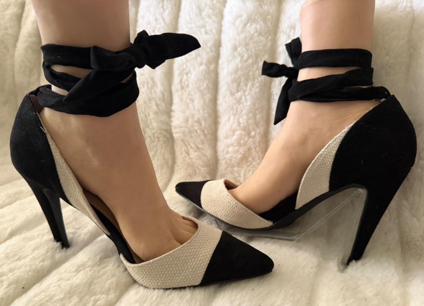 JUSTFAB SIZE 9 Ivory/Black Stiletto Textile Suede Faux Covered Heel Velvet Tie