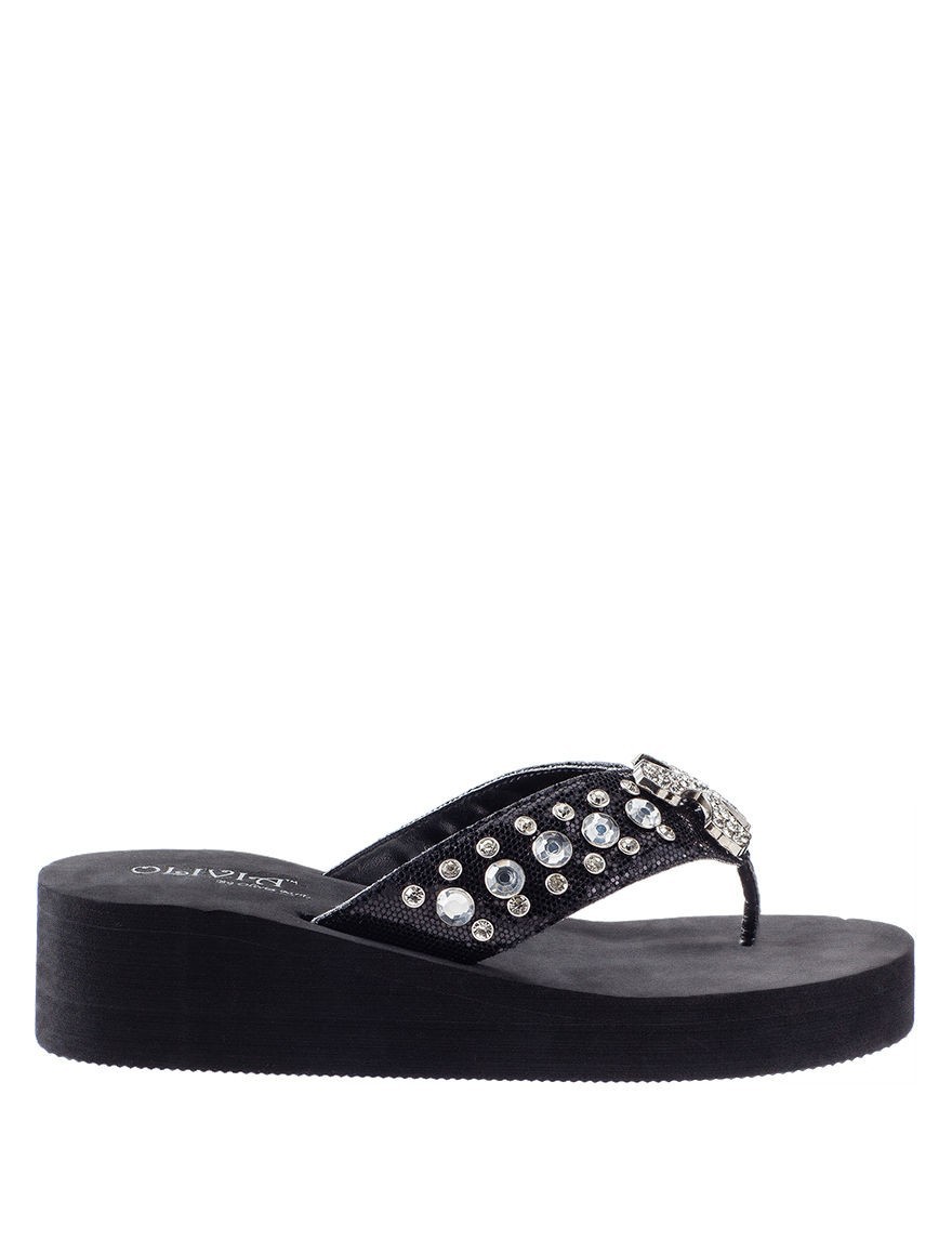 NEW WOMEN’S BLACK OLIVIA FLIP FLOP WEDGE SANDAL RHINESTONES CROSS 5,6,7,8,9,10