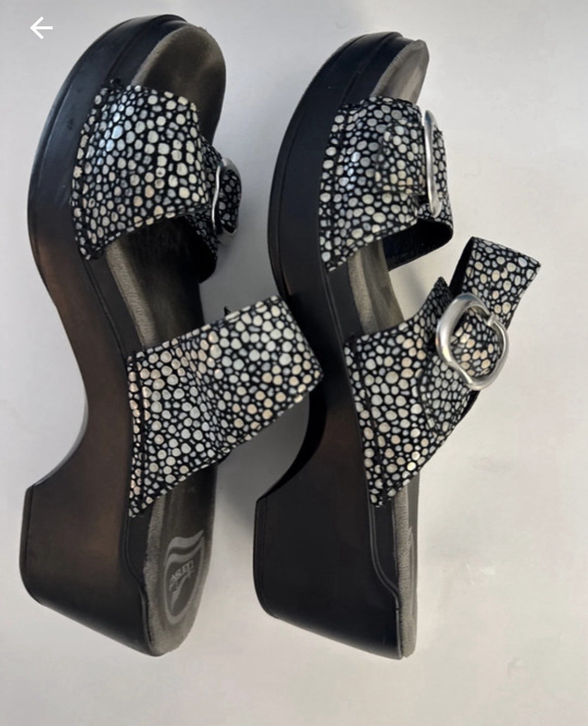 Dansko Womens 6.5 Black White Polka Dot Leather Slide Sandals Buckle Strap