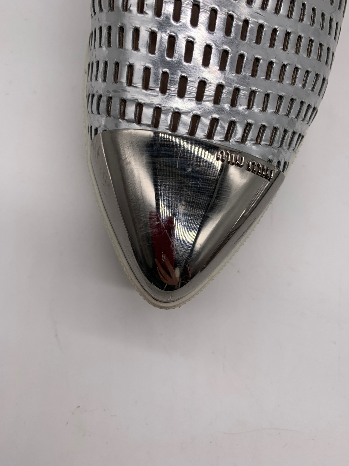 Miu Miu Silver Perforated Metallic Cap Toe Platform Slip On Sneakers sz 38.5