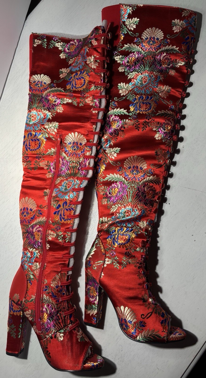 BAMBOO RED FLORAL EMBROIDER ASIAN OVER THE KNEE THIGH HEEL PEEP TOE BOOTS SZ 5.5